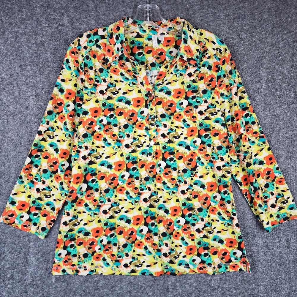 Madison Button Front Blouse Women Large Multicolor Abstract Floral 3/4 Sleeve